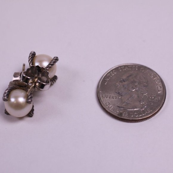 David Yurman Pearl Diamond 925 Sterling Silver Cable Stud Earrings 9.5mm (R721) - Picture 5 of 5